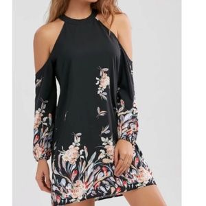 DRESSFO Peep Shoulder Floral Print Dress